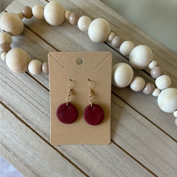 Handmade Burgundy Circle Earrings | Minimalist Boho Dangle Jewelry - Picture 1 of 5